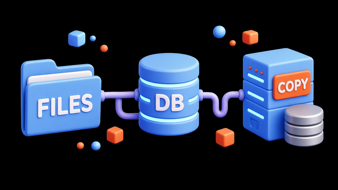 Backup scheme: files, the database, and a separate copy
