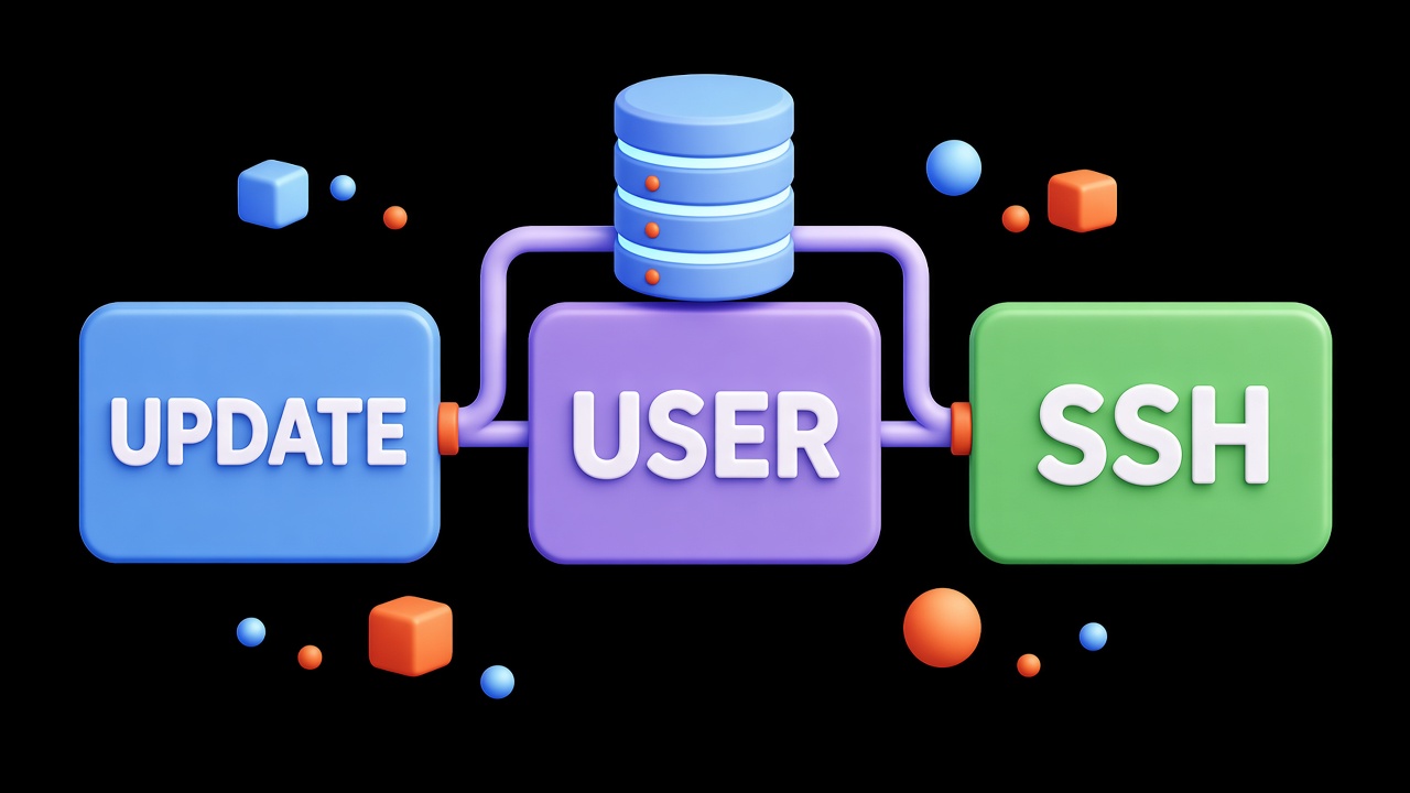 First-day scheme: updates, a user, and SSH